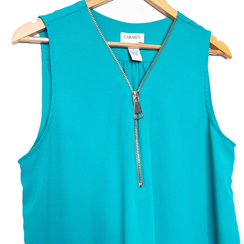 Carmen Marc Valvo Teal Sleeveless Half-Zip V-Neck Womens Blouse Top Size‎ Large - Picture 3 of 8